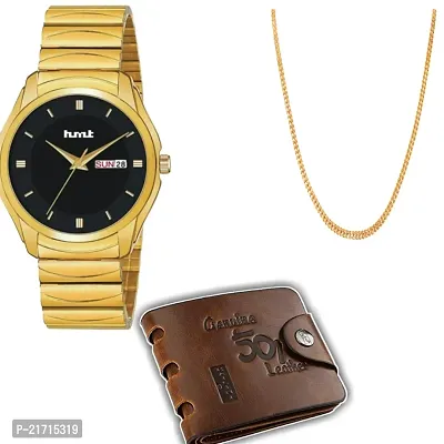 Combo Of 1 Black Dial Men's watch With 1 501 Purse And 1 Patli Chain-thumb0