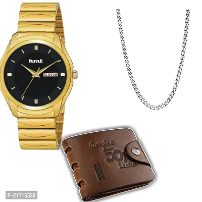 Combo Of 1 Black Dial Men's watch With 1 Silver Patli Chain And 1 501 Purse