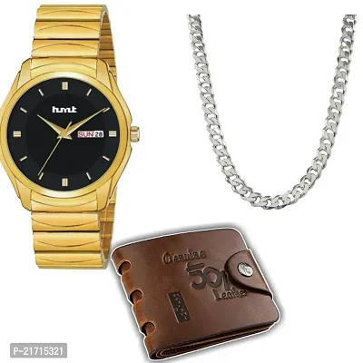 Combo Of 1 Black Dial Men's watch With 1 Silver Moti Chain And 1 501 Purse