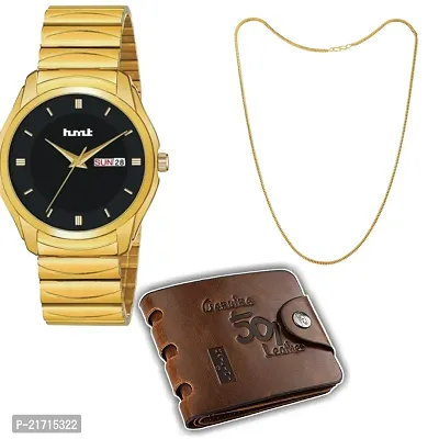 Combo Of 1 Black Dial Men's Stylish Watch With 1 501 Purse And 1 Simple Chain