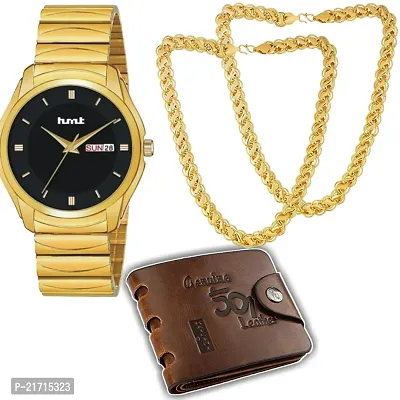Combo Of 1 Black Dial Men's Stylish Watch With 2 Golden Moti Chain And 1 501 Purse