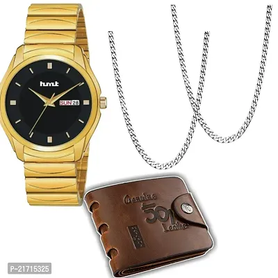 Combo Of 1 Black Dial Men's Watch With 2 Silver Patli Chain And 1 501 Purse