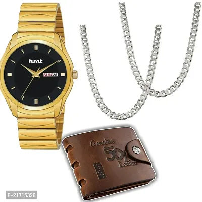 Combo Of 1 Black Dial Men's Stylish Watch With 2 Silver Moti Chain And 1 501 Purse