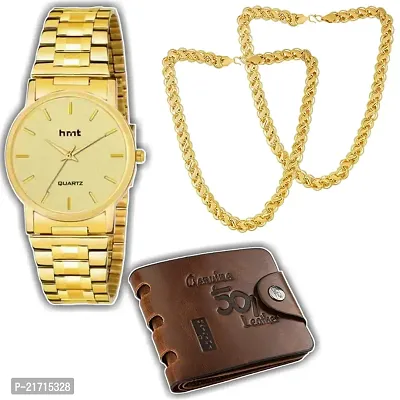 Combo Of Round  Dial Golden Men's Stylish Watch With 2 Moti Chain And 1 501 Purse