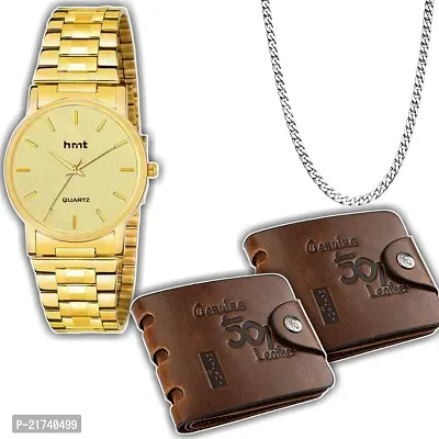 Combo Of 1 Golden Round Men's Stylish Watch With 2 501 Purse And 1 Silver Patli Chain-thumb0