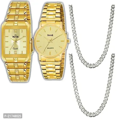 Combo Of 1 Golden Round And 1 Square Men's Stylish Watch With 2 Silver Moti Chain