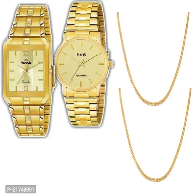 Combo Of 1 Golden Round And 1 Square Golden Men's Stylish Watch With 2 Golden Patli Chain