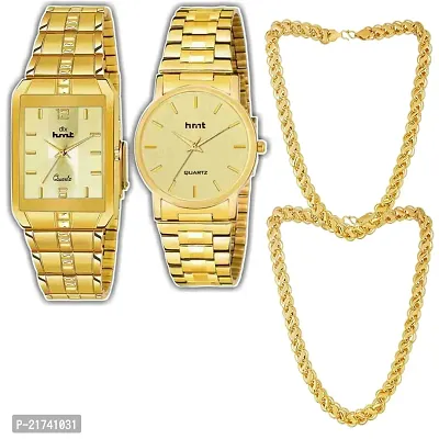 Combo Of 1 Golden Round And 1 Square Golden Men's Stylish Watch With 2 Golden Moti Chain