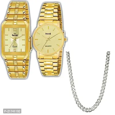 Combo Of 1 Golden Square And 1 Golden Round Men's Stylish Watch With 1 Silver Moti Chain-thumb0