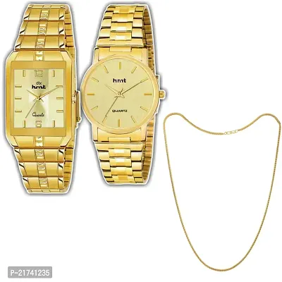 Combo Of 1 Golden Square And 1 Golden Round Men's Stylish Watch With 1 Golden Simple Chain-thumb0