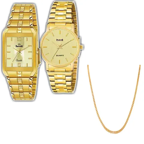 Round And Square Men's Stylish Watch And 2 Simple Chain