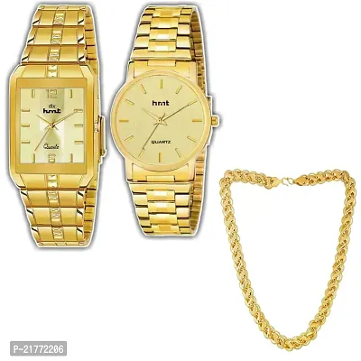 Combo Of 1 Golden Square And Golden Round Men's Stylish Watch With 1 Golden Moti Chain