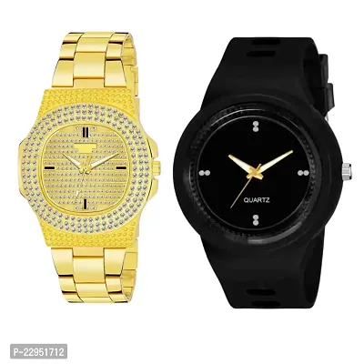 Combo Of 1 Golden Diamond Watch And 1 Round Black Stylish Watch