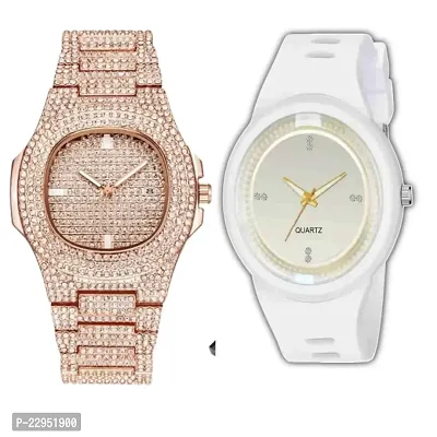 Combo Of 1 Rose Gold Diamond Watch And 1 Round White Stylish Watch