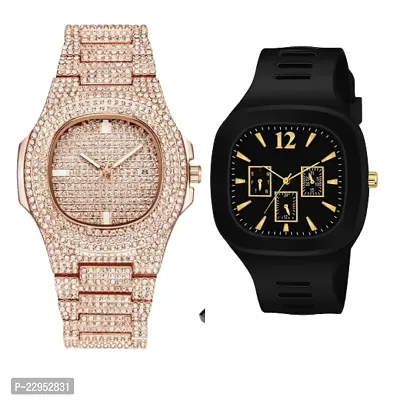 Combo Of 1 Diamond Rose Gold Watch And 1 Black Stylish Watch