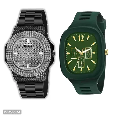 Combo Of 1 Ethnic Black Diamond Watch And 1 Green Stylish Watch-thumb0