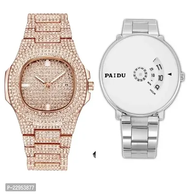 Combo Of Trendy 1 Rose Gold Diamond Watch And 1 Silver Chain Watch For Men's