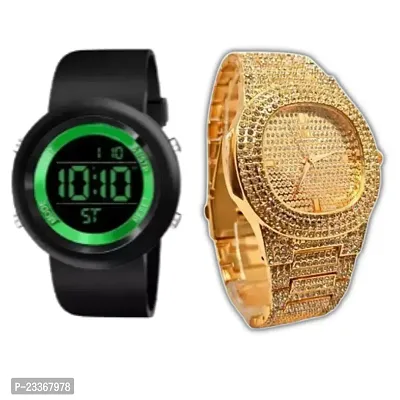 Combo Of 1 Trendy Stylish Watch For Unisex And 1 Golden Diamond Watch