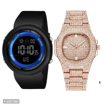 Combo Of 1 Rose Gold Diamond Watch And 1 Blue Ring Digital Watch