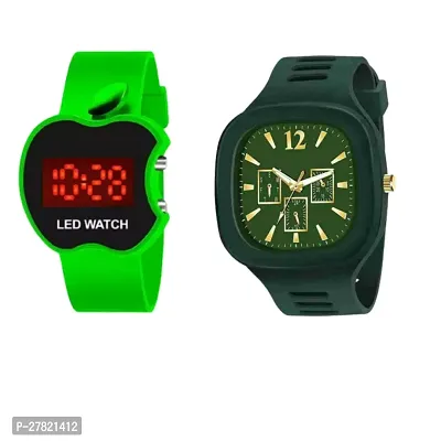 Combo of casual green analog and green cut apple digital watch