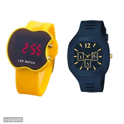 Combo of Trendy Navy Blue analog and yellow cut apple watch