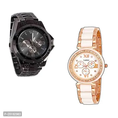 Combo of Black Chain Stylish and white Rose gold analog watch