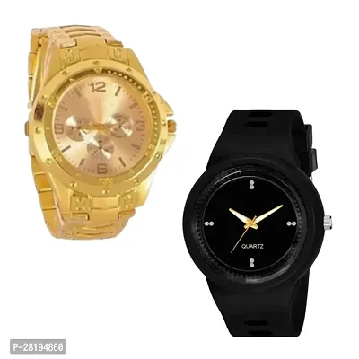Combo of Casual Golden Chain and Black analog Watches