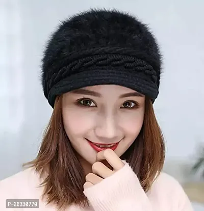 Women Winter Hat Woolen Soft Angora Wool Skull Beanie Cap Stylish Floral Classic Design Bucket Beret Bowler Hat | Cloche Round Brim Winter Hat for Girls (Freesize)-thumb0