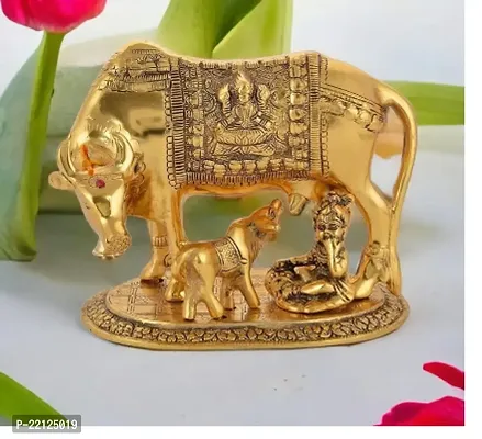 Saudeep India Kamdhenu Cow With Calf And Krishna Brass God Figure Showpiece Decor Medium Regular Quality-thumb0