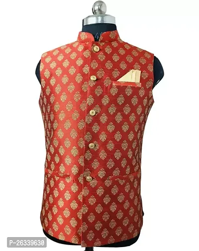 Stylish Dupion Silk Red Printed Waistcoats For Men-thumb0