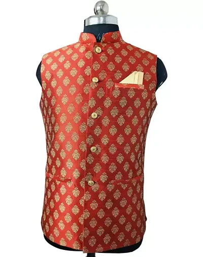 Stylish Dupion Silk Red Printed Waistcoats For Men