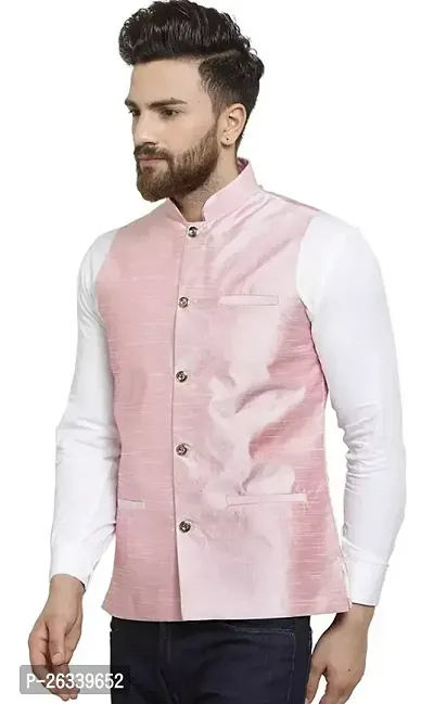 Stylish Dupion Silk Pink Solid Waistcoats For Men-thumb0