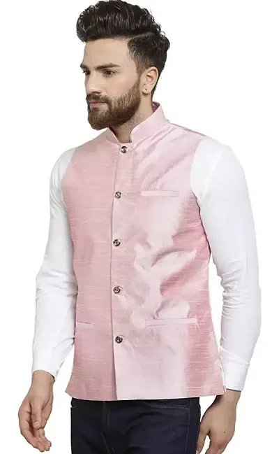 Stylish Dupion Silk Pink Solid Waistcoats For Men