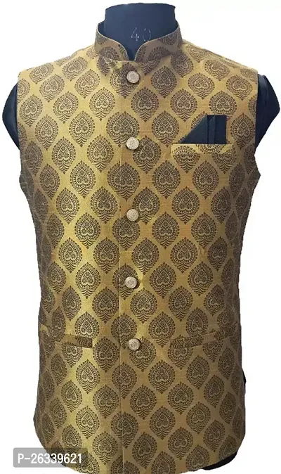 Stylish Chanderi Cotton Yellow Printed Waistcoats For Men-thumb0
