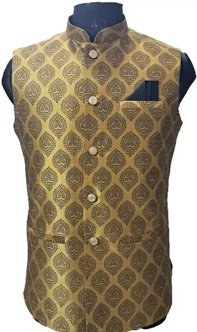 Stylish Chanderi Cotton Yellow Printed Waistcoats For Men