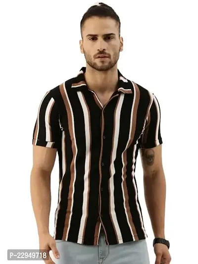 Men Regular Fit Striped Spread Collar Casual Shirt (Black)-thumb0