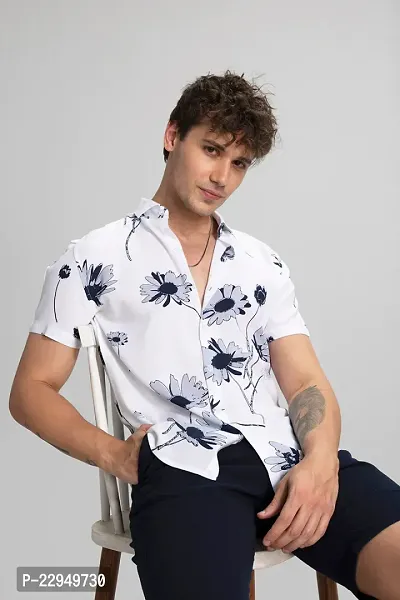 Men Slim Fit Printed Spread Collar Casual Shirt (White)-thumb0