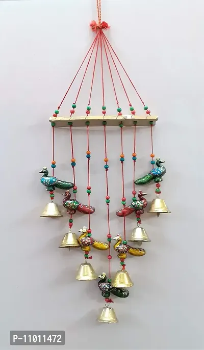 Antique Home Decor Wooden Hand Painted and Handmade Hanging Wind Chimes Pieces (Multicolour) Handcrafted Decorative Wall/Door/Window Hanging Bells (Bell) Peacock