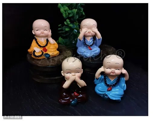 AFTERSTITCH ? Monks Set 4 Big Size Cute Baby Monk Buddha Idols Statues Showpiece Wearing Mala for Car Dashboard Home D?cor Decoration & Gifting Purpose