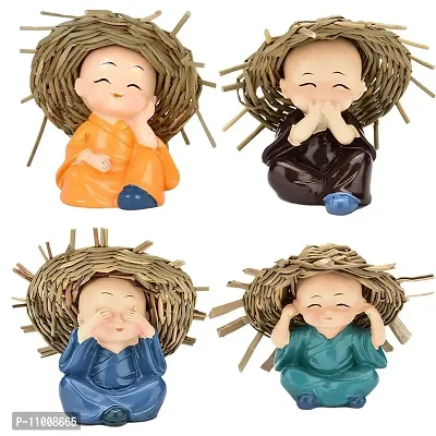 AFTERSTITCH Showpiece for Home Decor Monk Car Crafts Decoration Cute Small Kung Fu Resin Little Monks with Straw Hat for Car Dashboard Home Office Interior Desk D?cor 4 Packs-thumb4