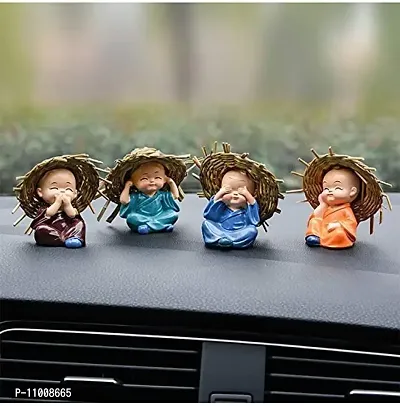 AFTERSTITCH Showpiece for Home Decor Monk Car Crafts Decoration Cute Small Kung Fu Resin Little Monks with Straw Hat for Car Dashboard Home Office Interior Desk D?cor 4 Packs-thumb2