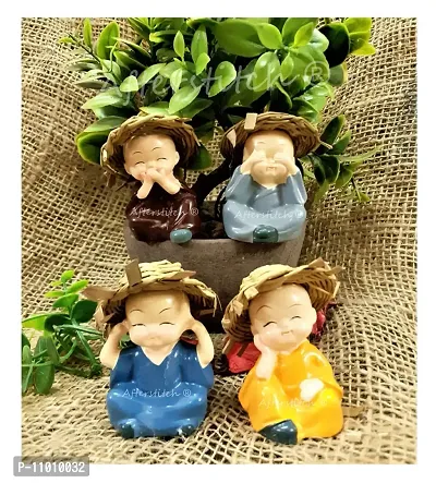 AFTERSTITCH Monk with Hat Set of 4 Baby Hat Monk Buddha Idols Statues Showpiece Car Dashboard Home D?cor Decoration & Gifting Purpose (Monk Set of 4)-thumb2