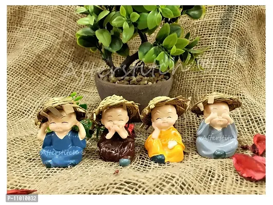 AFTERSTITCH Monk with Hat Set of 4 Baby Hat Monk Buddha Idols Statues Showpiece Car Dashboard Home D?cor Decoration & Gifting Purpose (Monk Set of 4)