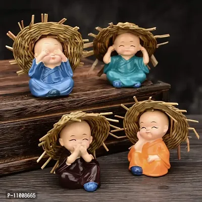 AFTERSTITCH Showpiece for Home Decor Monk Car Crafts Decoration Cute Small Kung Fu Resin Little Monks with Straw Hat for Car Dashboard Home Office Interior Desk D?cor 4 Packs