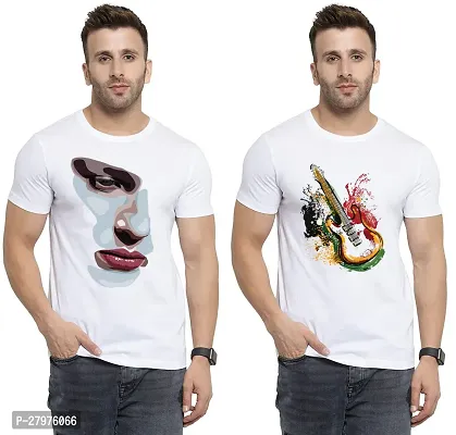 Reliable White Cotton Printed Round Neck Tees For Men- Pack Of 2