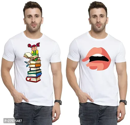 Reliable White Cotton Printed Round Neck Tees For Men- Pack Of 2