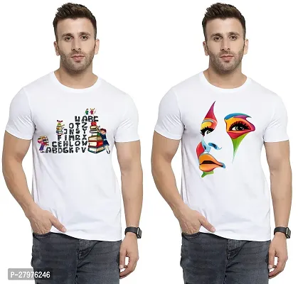 Reliable White Cotton Printed Round Neck Tees For Men- Pack Of 2