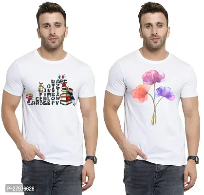 Reliable White Cotton Printed Round Neck Tees For Men- Pack Of 2