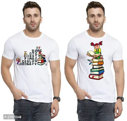 Reliable White Cotton Printed Round Neck Tees For Men- Pack Of 2