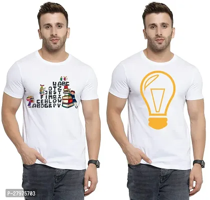 Reliable White Cotton Printed Round Neck Tees For Men- Pack Of 2